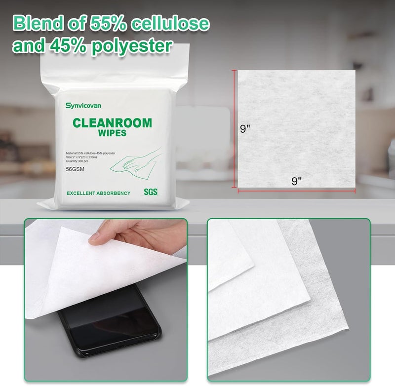 Synvicovan Cleanroom Wipes 9"x9" (300 Pcs, Cellulose/Polyester Blend, Grade B, 56GSM) Lint Free Wipes for Laboratory, Electronics, Pharmaceutical,Printing,Automotives and Semiconductor Industries - Image 3